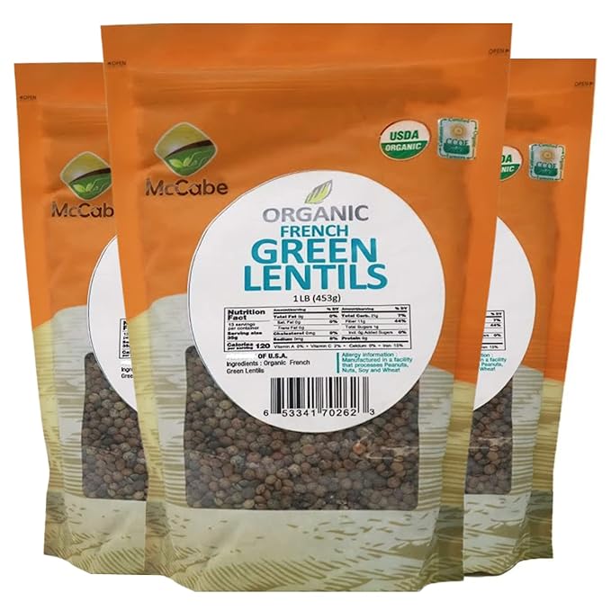 McCabe Organic French Green Lentils - Green Lentils Organic | Rich with Fiber & Minerals | USDA and CCOF Certified | Packed in USA | 1Lbs (Pack of 3)