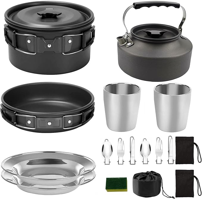 Peidesi 15pcs Camping Cookware Mess Kit,Portable Non-Stick Aluminum Alloy Cookware,Kettle Pot Frying Pan Plates Forks Knives Spoons for Camping, Backpacking, Outdoor Cooking
