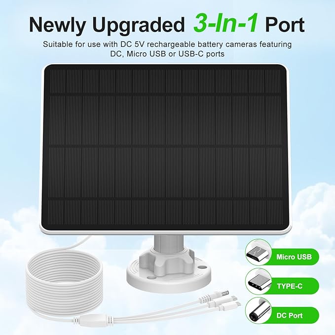 Solar Panel for Security Camera, 5W Solar Panel for Micro USB & USB-C & DC Port Outdoor Rechargeable Battery Camera, Camera Solar Charger with 10Ft Cable, 360° Adjustable Bracket, IP65 Waterproof