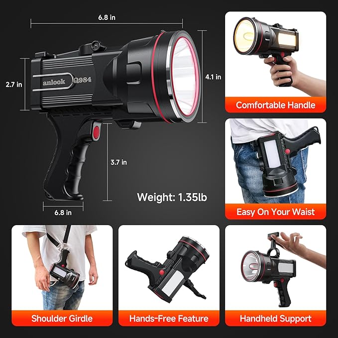 Rechargeable Spotlight Flashlight, Waterproof Outdoor Handheld Spot Light, Built-in Kickstand and Phone Charger, Emergency Light for Camping, Boat, Hunting, Hiking (Warm White)