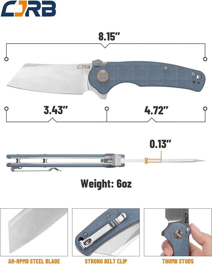 CJRB Crag Tactical Knife,Cleaver Pocket Folding Knife with Stonewash AR-RPM9 Steel Blade and G10 Handle for Men Outdoor, Survival, Camping and EDC (J1904R),Blue