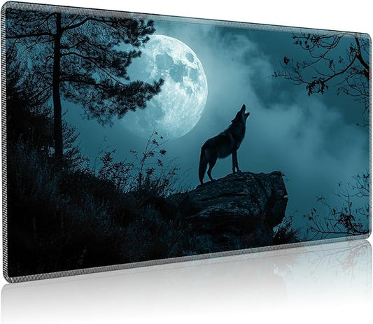 Playmat for MTG, 24 x 14 inches Game Play Mat for MTG TCG and Other Card Games, Trading Card Game Play Mat Desk Mats with Stitched Edges Non-Slip Base, Wolf Howling