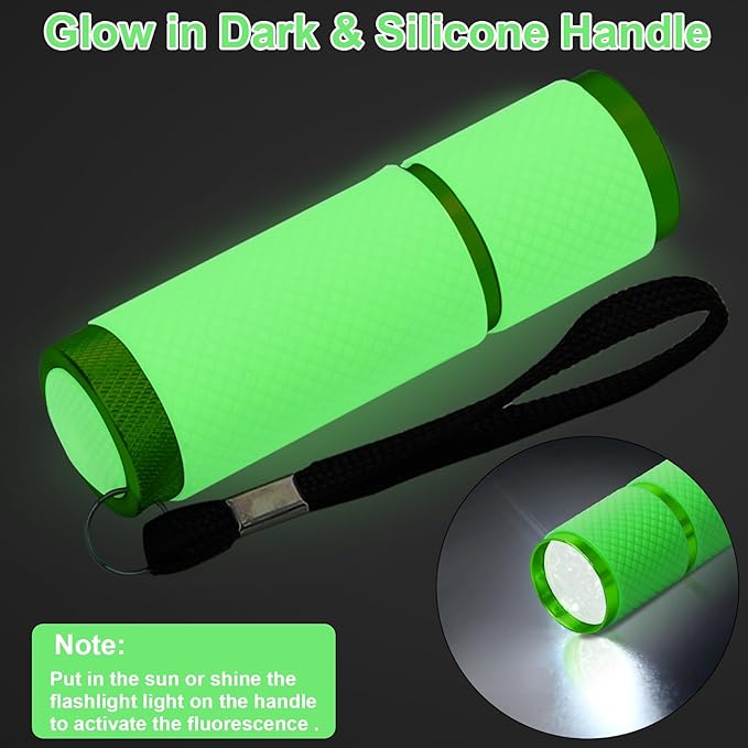 AHIER 9 LED Glow in Dark Flashlights, Rubber Coated Small Flashlights with Straps, Portable Handy Lights for Camping, Hiking, Indoor, Assorted Colors (Green)