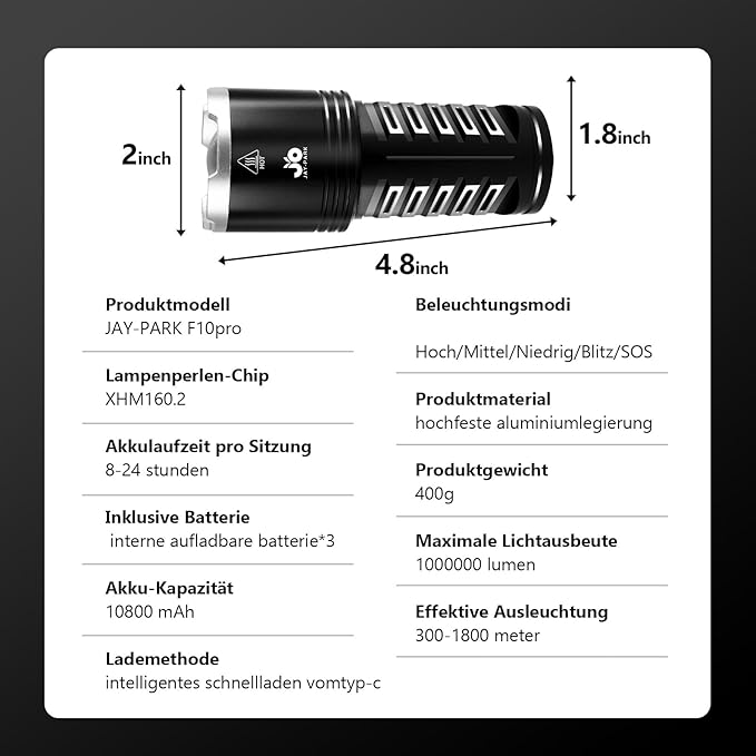 JAY-PARK LED Flashlights High Lumens Rechargeable - 10000 Lumen with 10800mAh Battery and LCD Power Display, 5 Lighting Modes, Zoomable, Long Beam(3000m) High Powered Flashlight for Camping, Emergency