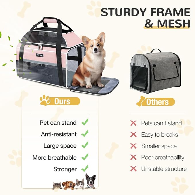 Lekereise Top-Expandable Pet Carrier - TSA Airline Approved Soft Sided Underseat Up to 12lbs Travel Carriers for Small Cats and Dogs with Locking Safety Zippers Anti-Scratch Mesh Pink