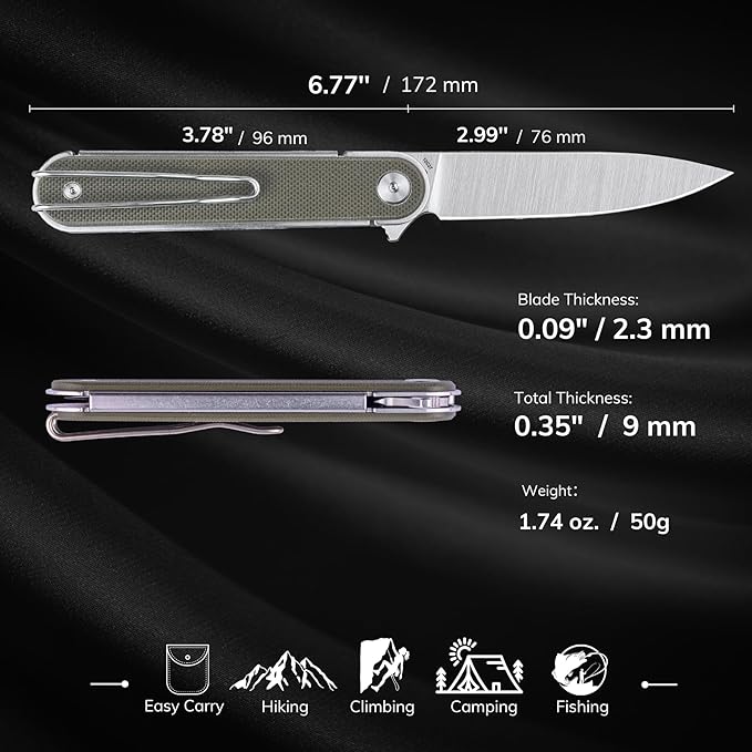 REALSTEEL IRIS Pocket Knife, Folding Knife, Flipper, Liner Lock, 2.99" 12C27 Steel Blade, Lightweight G10 Handle, 1.74oz, Deep-carry Pocket Clip, EDC Outdoor Indoor, Gifts for Men Women Camping Hiking Climbing Fishing (OD Green G10)