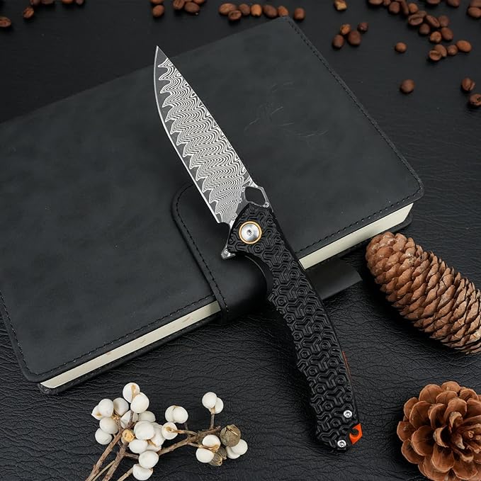 Damascus Pocket Knife for Men Women, 3.35" VG10 Core Damascus Steel Blade Folding Knives with Black Aluminum Handle, EDC Camping Knife