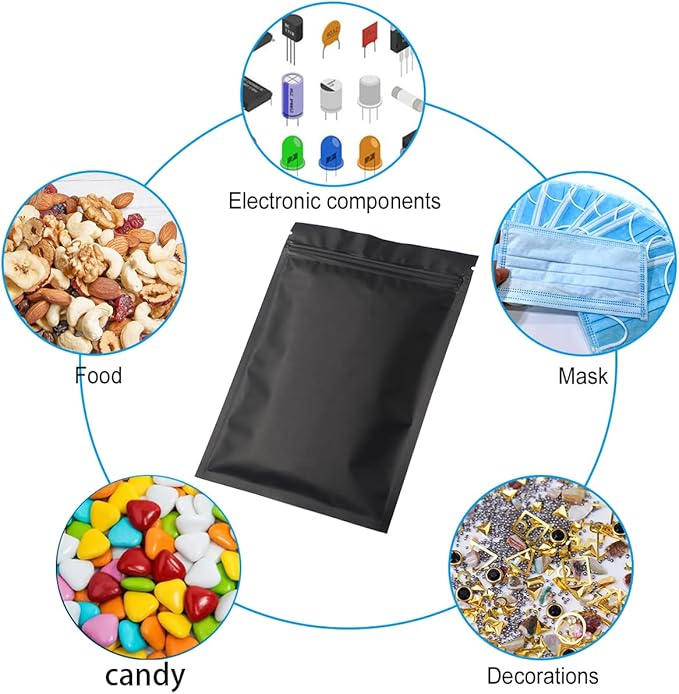 STUs 100 Pack Stand-Up Mylar Bags 6.3 x 9.4 Inch Smell Proof Bags Foil Pouch Double-Sided Food Storage Bag Matte Black