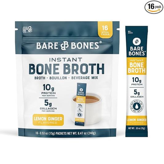 Bare Bones Bone Broth Instant Powdered Mix, Lemon Ginger, Pack of 16, 15g Sticks, 10g Protein, Keto & Paleo Friendly Bone Broth Packets