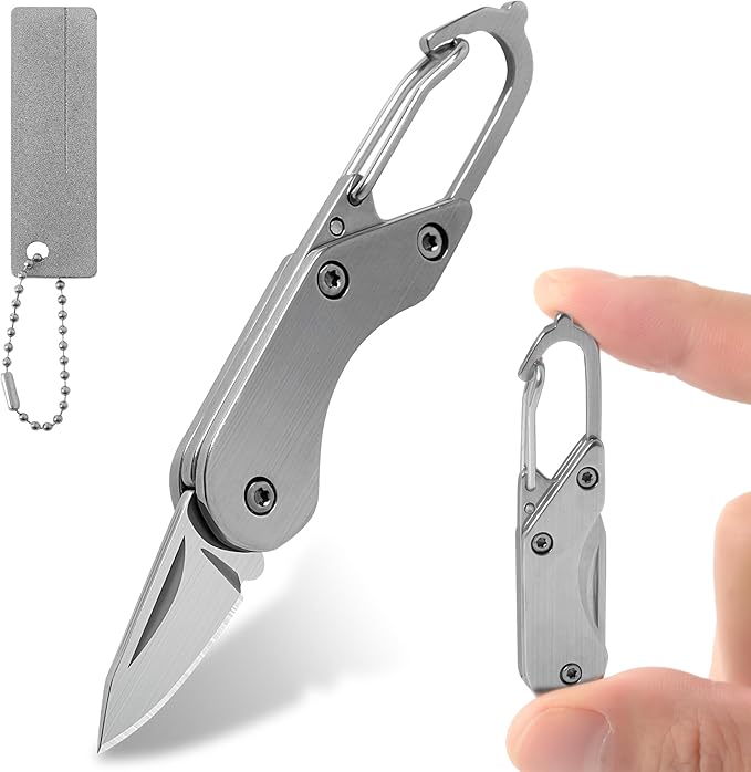 Stainless steel mini folding knife, portable key chain knife and small portable grindstone and outdoor fishing hook grinding tool, suitable for camping, hiking and outdoor.