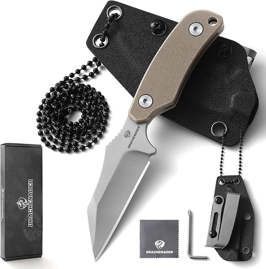 X-WH EDC Horizontal Carry Neck Knife wtih Clip Fixed Blade Knife with Kydex Sheath, D2 Steel Blade Full Tang small Wharncliffe Knife G10 Handle, (Khaki)