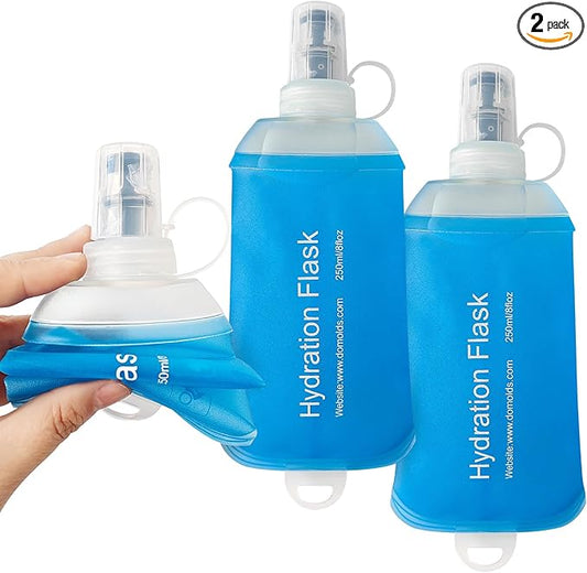 250ml Soft Flask, Soft Water Bottle for Hydration Packs, Running, Hiking, Cycling and Climbing - 2Pcs Blue