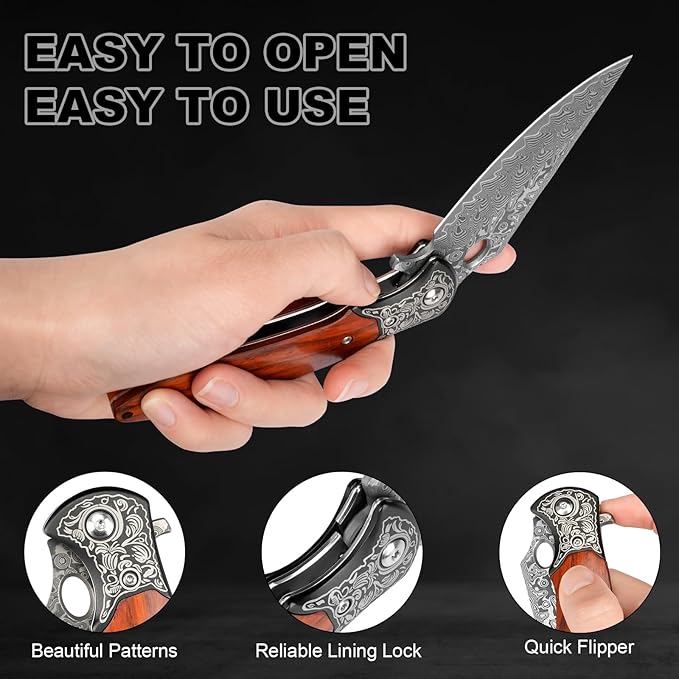 Damascus Pocket Knife, 3.3" Damascus Blade Wooden Handle EDC Pocket Knives & Folding Knives for Men Women