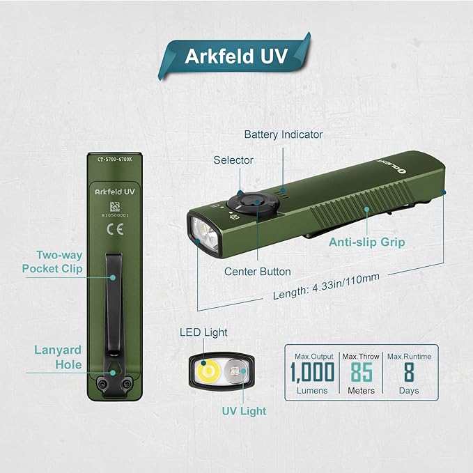 OLIGHT Arkfeld UV Rechargeable EDC Flashlight, 1000 Lumens White LED and 365nm Blacklight Combo for Outdoors, Emergency, Working, Pet Urine Detection (OD Green CW)