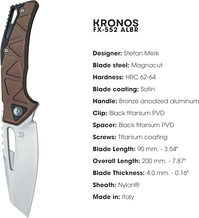 Fox Knives Chronos FX-552 ALBR Premium Folding Knife 3.54in CPM MagnaCut Steel Blade, Reverse Tanto, Frame Lock, Tip-up Carry, EDC Pocket Knife, Made in Italy (Bronze Anodized Aluminum)