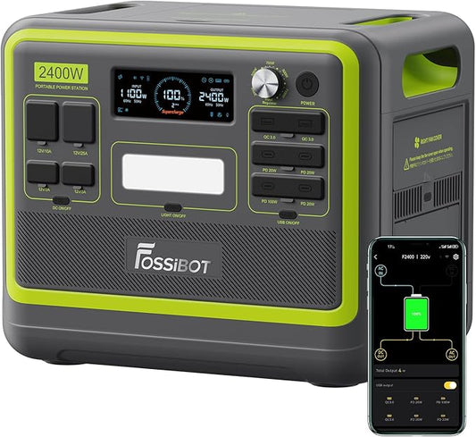 FOSSiBOT F2400 Portable Power Station,upgraded (4800W Peak) generador eléctrico portátil 2048Wh LiFePO4 Battery Solar Generator with 1100W AC,APP Control,1.5H Fast Charging for Home,Camping,RV