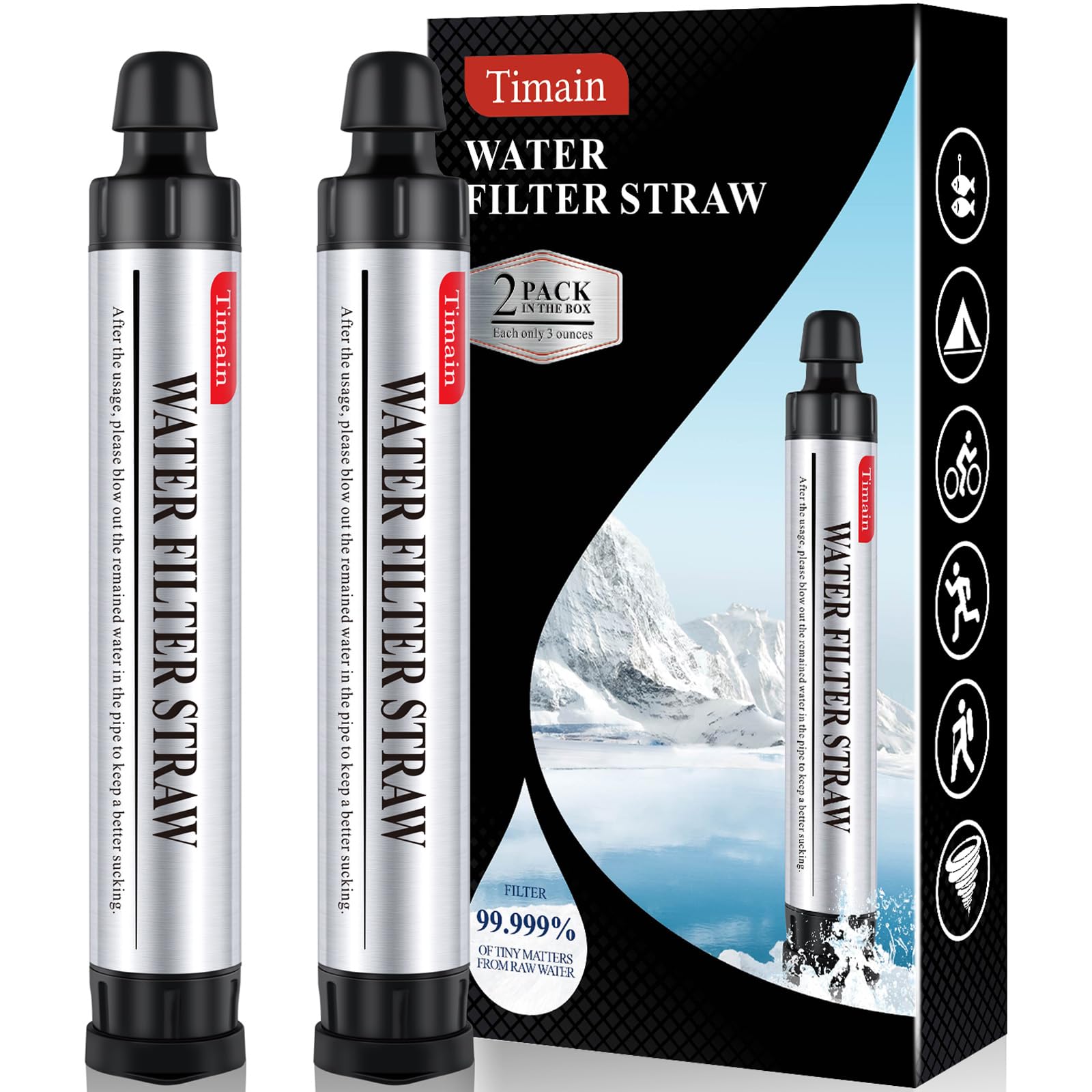Timain 2 Pack 4-Stage Filtration, High Flow Rate Water Filter Straw, Water Purifier Survival for