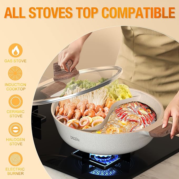 Dezin 5-QT Double-flavor Shabu Shabu Pot with Divider, Dual Sided Nonstick Hot Pot, 12 Inch Divided Stockpot for Cooking, Hotpot for Induction Cooktop, Gas Stove & Hot Burner, Soup Ladle Included