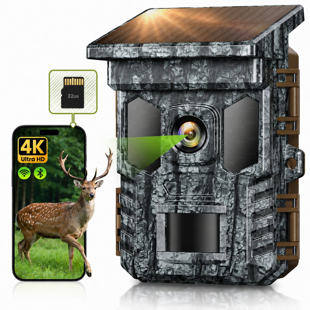 4K 64MP Solar Trail Camera WiFi, 32GB SD Card,Night Vision Motion Activated