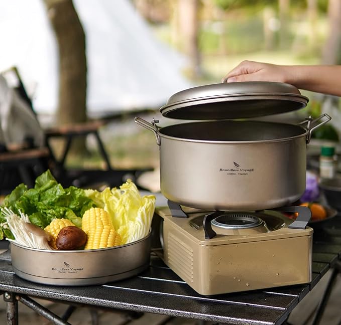 Boundless Voyage Titanium 4.5L Hanging Pot with Steaming Rack Folding Handle Outdoor Camping Cooking Stockpot Steamer Set