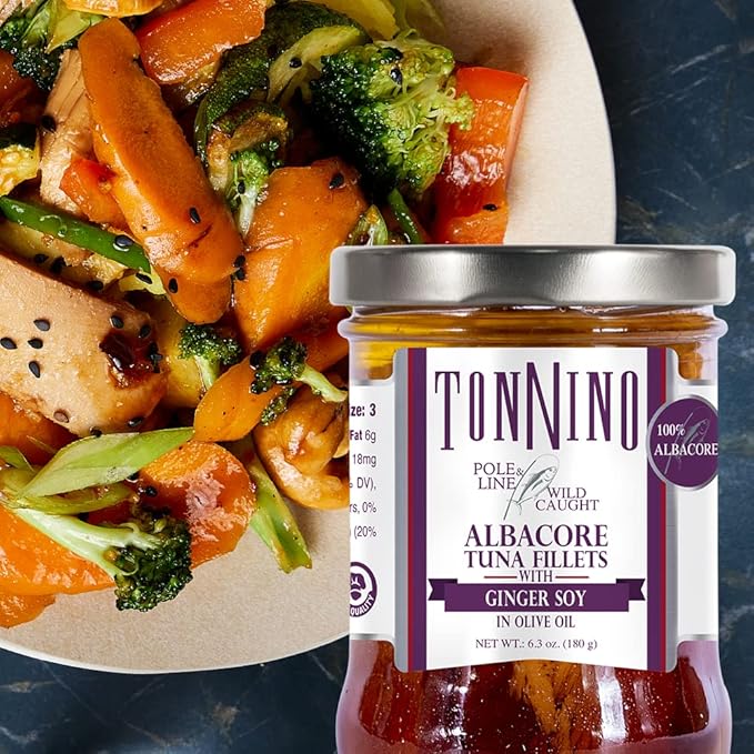 Tonnino Tuna Fish Albacore - Olive oil with Ginger soy ??Pack of 6 ??Alternative to Salmon ??Protein Snacks ??Ready to Eat Meals