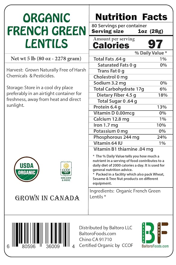 Organic French Green Lentils Whole Raw, High Fiber Non-GMO-Bulk (7LB)
