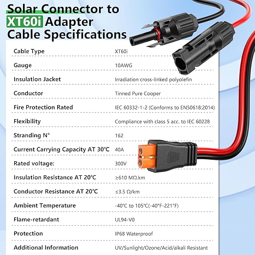 Solar to XT60i Extension Cable 10AWG 10FT XT60i Solar Charging Cable for RV Foldable Solar Panel, Portable Power Station, Solar Generator
