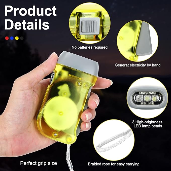 Leelosp 48 Pcs Hand Crank Flashlight No Battery Required Cranked Flashlight Manual Press Flash Light 3 LED Squeeze Light for Camping Hiking Power Outage Gift(Red Blue Yellow Gray)