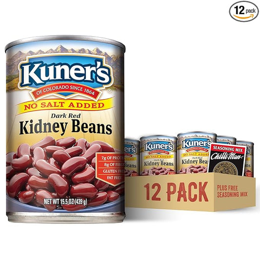 Kuner’s No Salt Added Canned Kidney Beans with FREE Chili Seasoning Mix, Plant Protein and Fiber, Gluten Free, Vegan, Fat Free, 12 Pack of 15.5 oz Cans and Chili Seasoning Packet