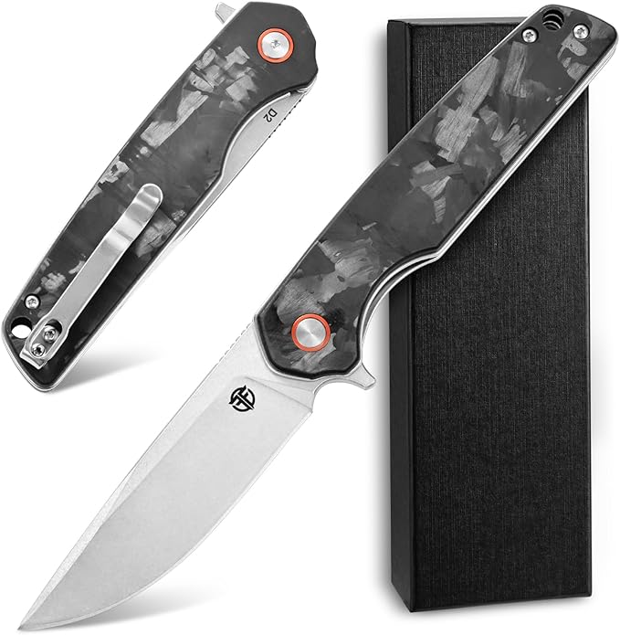 FF19 Folding Pocket Knife，D2 Steel Blade Carbon Fiber Handle EDC Tool Knife for Outdoor Camping Hunting Fishing Working(Black)