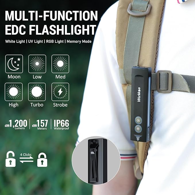 Wurkkos HD01 UV Flashlight, Rechargeable EDC Flashlight, Led Flashlight with 365nm UV Light, 1200 Lumens Flat Flashlight with RGB, Pocket Light for Emergency, Pet Urine Detection (Black)