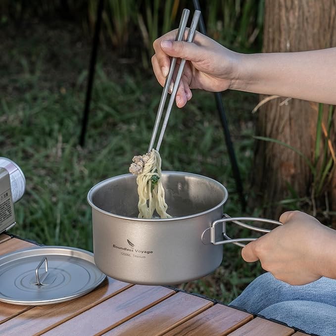 Boundless Voyage Titanium Pot Portable Camping Cookware Lightweight Cooking Pot Set for Outdoor Cooking Traveling Backpacking Hiking Trekking Picnic