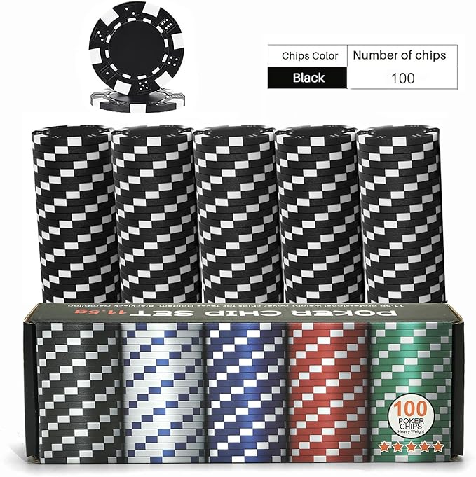 100PCS Black Poker Chips, Casino Poker Chips Set, 11.5 Gram Plastic Poker Chips Clay Blank Game Chips for Poker Card Games Texas Holdem Blackjack Gambling (with Gift Box)