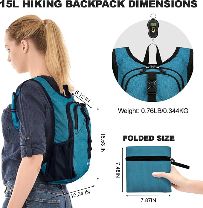 Seektop 15L Small Hiking Backpack for Women Men, Foldable Packable Backpack with Phone Pocket, Lightweight Travel Daypack for Hiking Camping Outdoor (Lake Blue)