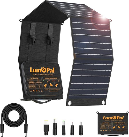 Portable Solar Panel, LUMOPAL 60W Foldable Solar Panels Folding Solar Charger with PD60W USB C QC3.0 USB A Output Waterproof for Camping Backpacking Compatible with Phone Laptop Portable Power Station