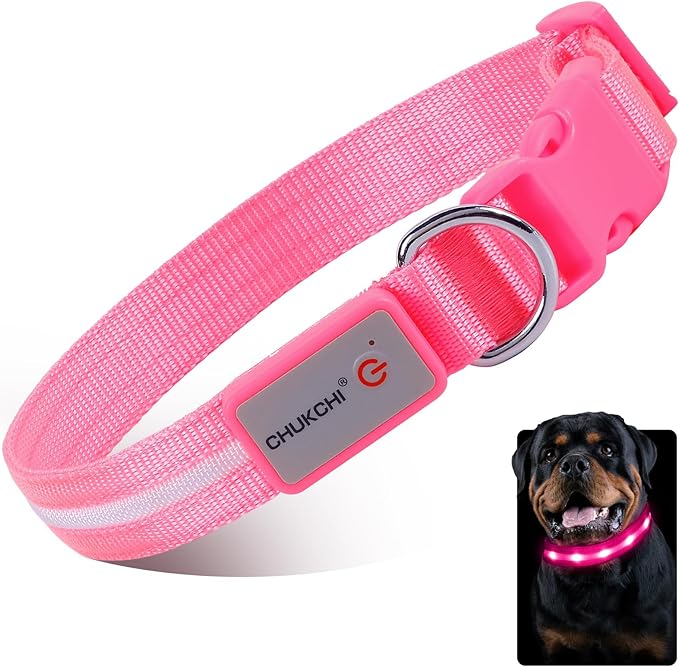 CHUKCHI LED Dog Collar Rechargeable,Waterproof Flashing Collar,Light Up Glow Collar, Adjustable Soft Safety Light Up for Small Medium Large Dogs Walking Camping at Night (Pink-M)