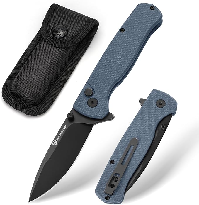 Pocket Knife for Men Y-M with 14C28N Steel Blade, Button Lock with Safety Switch, Blue G10 Handle, 7.28" Folding Knife with Clip and Sheath