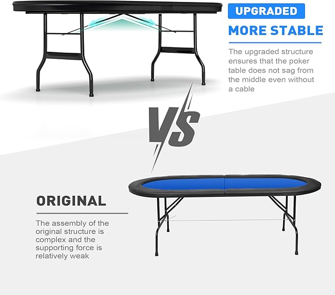 Upgrade 8 Player Poker Table for Blackjack Card Game, Foldable Texas Hold'em Table, Portable Casino Table for Game Room with Plastic Cup Holder, Padded Rails, Blue Felt Surface