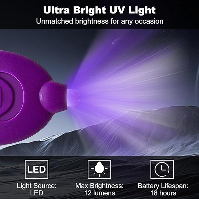 Mini UV Keychain Flashlight, LED Black Light, Portable Small UV Light, Ultra Bright 12 Lumen Tiny Flashlight for Pet Stains, Scorpions, and Document Verification (12PCS)