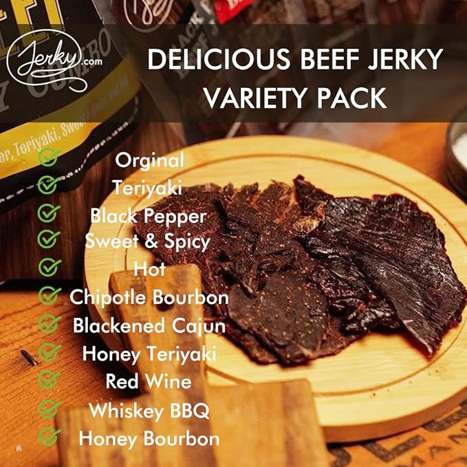 Jerky.com Beef Jerky Sampler - Featuring Original, Black Pepper, Teriyaki, Sweet & Spicy, Hot, Chipotle Bourbon, Blackened Cajun, Honey Teriyaki, Red Wine, Whiskey BBQ, Honey Bourbon - Unique Gift for Men (11 Flavors - 1 oz. bags)
