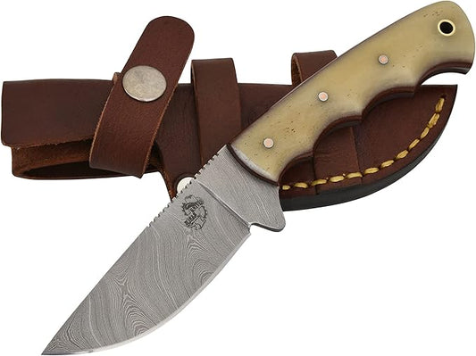 Knives Ranch Handmade 7-1/2" Arched Hunting Knife - Full Tang - Damascus Steel - Cattle Bone Handle - Heavy Duty Leather Sheath (3183-B)