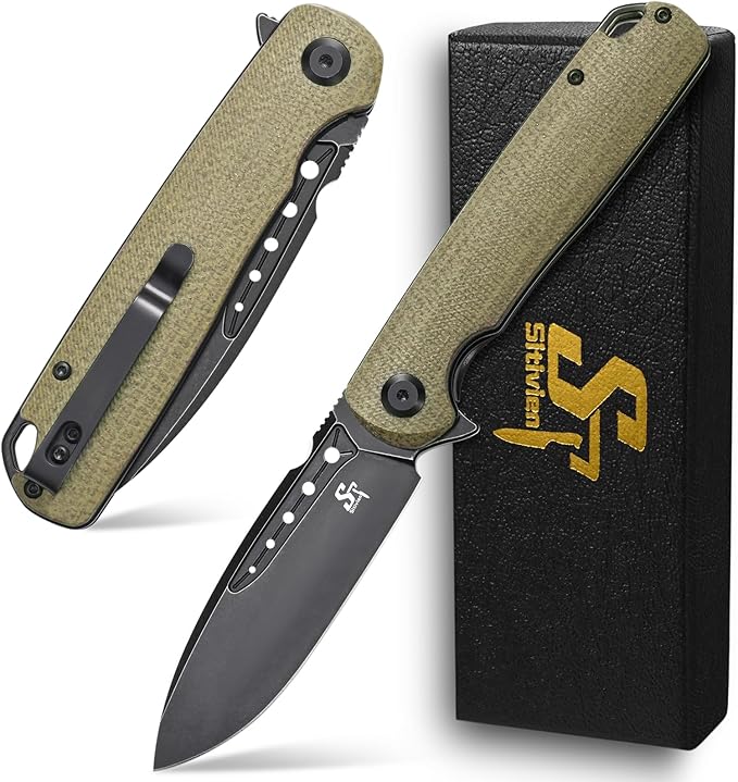 Sitivien ST131 Folding Knife,D2 Blade Micarta Handle EDC Tool Knife with Liner Lock for Outdoor Camping Hiking Fishing(Green)