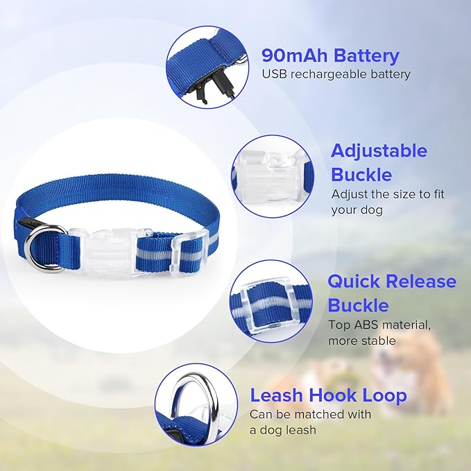 Light Up Dog Collar, Adjustable USB Rechargeable Glow in Dark Dog Collar ，Waterproof Dog Collars for Large Dogs (Blue, Large)