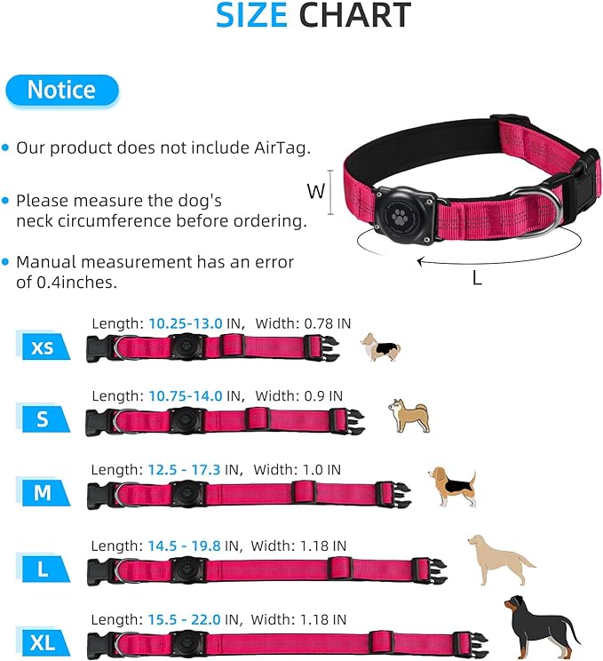 Upgraded AirTag Dog Collar, IP68 Waterproof Air Tag Dog Collar Holder, Reflective, Ultra-Durable, Comfortable Padded, Heavy Duty Dog Collars for Small Medium Large Dogs (S (10.6"-13.6"), Hotpink)