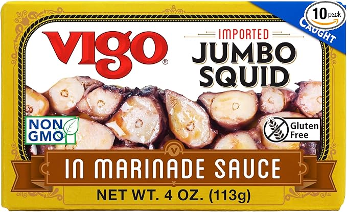 Vigo Premium Imported Canned Seafood, Jumbo Squid in Marinade Sauce, Specialty Flavored, Perfect for Recipes and Dishes (Jumbo Squid in Marinade Sauce, 4 Ounce (Pack of 10))