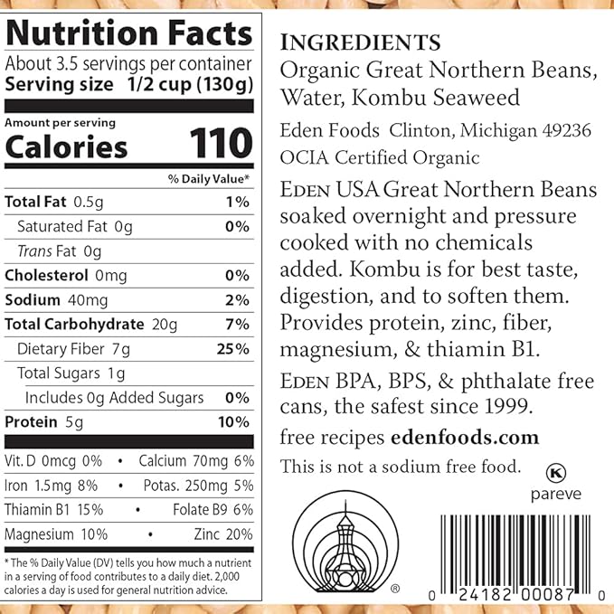 Eden Organic Great Northern Beans, 15 oz Can, No Salt, Non-GMO, Gluten Free, Vegan, Kosher, U.S. Grown, Heat and Serve, Macrobiotic, Similar to Cannellini, Smoother