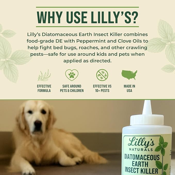 Diatomaceous Earth Food Grade with Peppermint Oil Crawling Insect Killer | Indoor Pest Control Powder for Bed Bug, Roach, Ant, Fleas | Lilly's naturals, 12 fl oz
