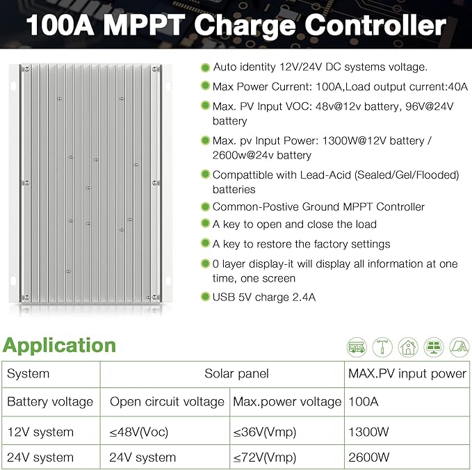 MPPT Charge Controller 100 amp 12V/24V Auto, 100A Solar Panel Charge Regulator with Blacklight LCD Display Max 100V for Lead-Acid Sealed Gel AGM Flooded Lithium Battery