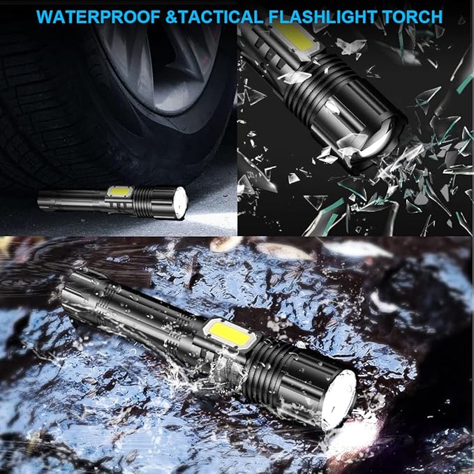 Rechargeable LED FLashlights 8000 High Lumens, Super Bright LED Tactical Flashlight with Power Display, Zoomable, with COB Lightï¼?Waterproof,Powerful Handheld Flashlight for Camping,Hiking 2 Pack