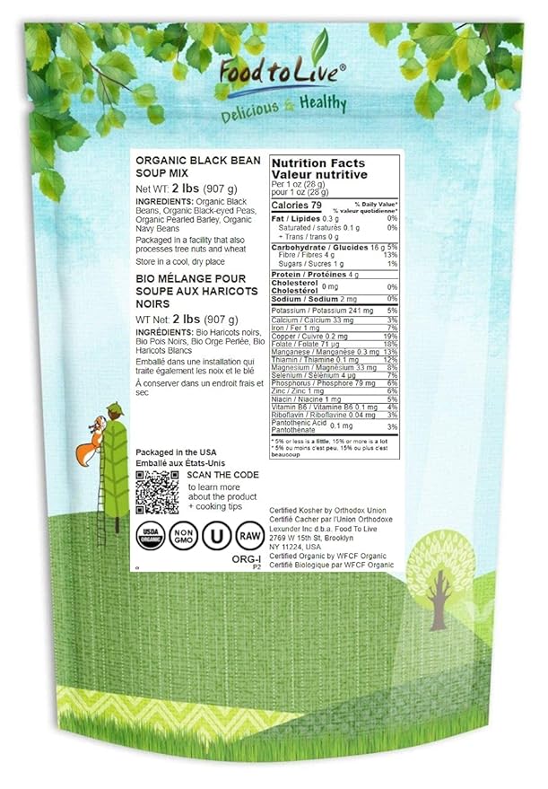 Food to Live Organic Black Bean Soup Mix, 2 Pounds - Contains Non-GMO Black Beans, Black-eyed Peas, Pearled Barley, and Navy Beans, Vegan, Bulk, Good Source of Dietary Fiber, Protein, Copper
